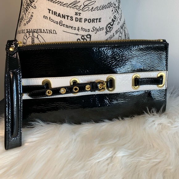 Carlisle Handbags - Black and White Clutch with Gold Accents